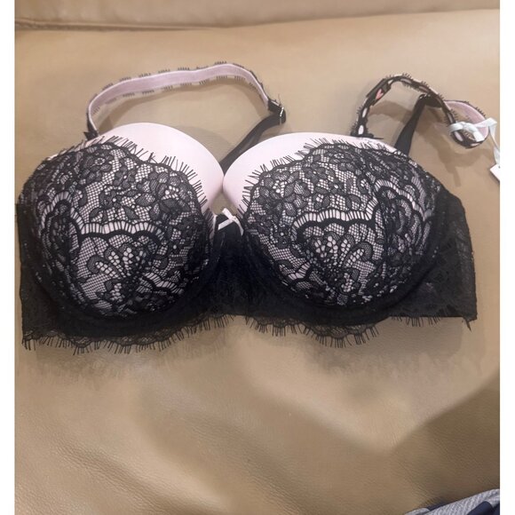 Victorias Secret Lightly Lined Lace Push-Up Bra 32DD Black & Pink Adjustable Str - Picture 1 of 6